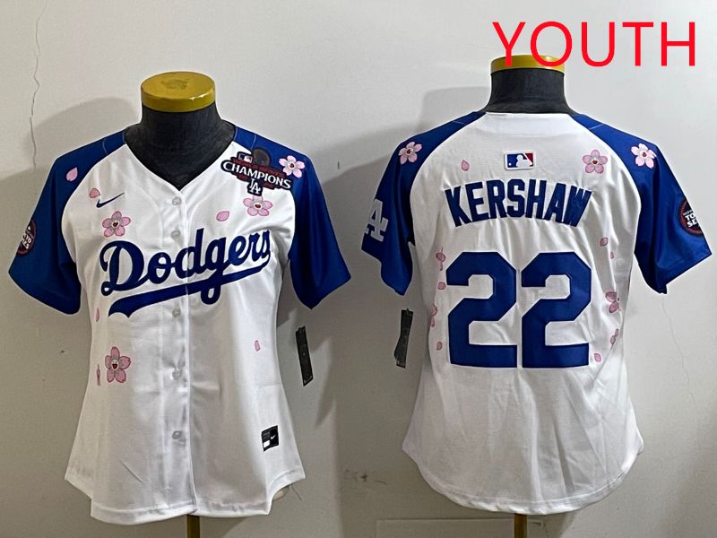 Youth Los Angeles Dodgers #22 Kershaw White Blue Sakura Edition 2025 Nike MLB Jersey style 5